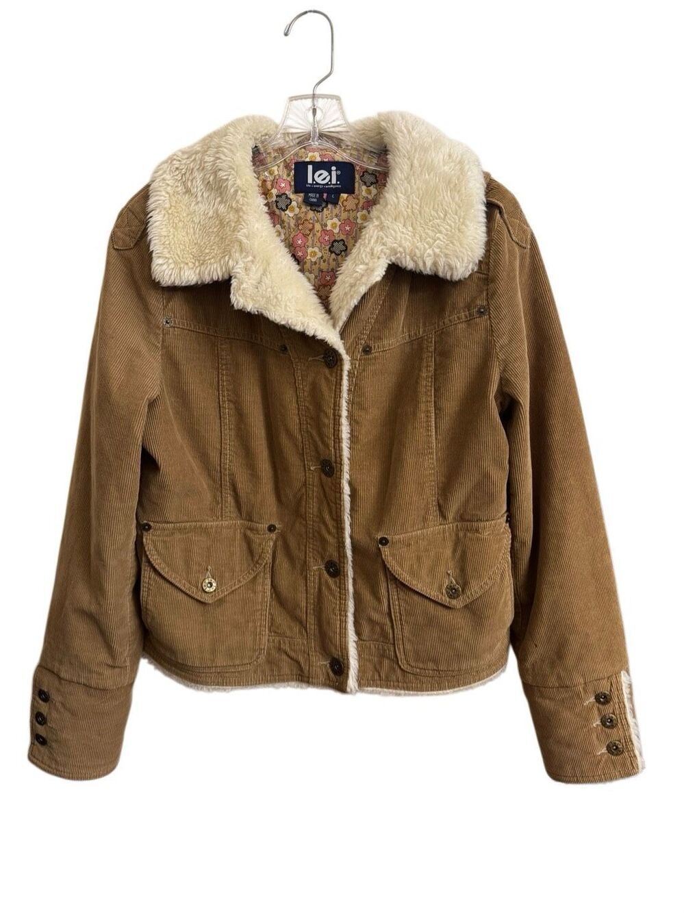 LEI Brown Tan Corduroy Trucker Jacket Sherpa Shearling Size Large Vintage Y2K